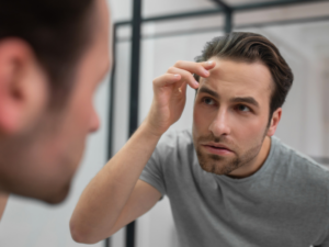 A imagem mostra um homem branco, de cabelos castanhos e barba rala, se olhando no espelho. Ele observa a sua testa e, com uma das mãos, toca a pele na lateral do rosto. Ao fundo do reflexo é possível visualizar um banheiro em tons de branco e cinza.